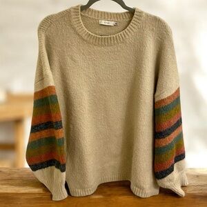 LUSH BALLOON SLEEVE BEIGE COZY SWEATER WITH COLORFUL STRIPED ARMS SIZE LARGE EUC